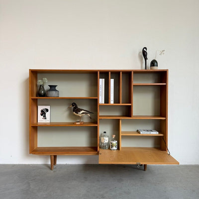 Ruim eiken vintage boekenkast met klep - open schappen - LOUI
