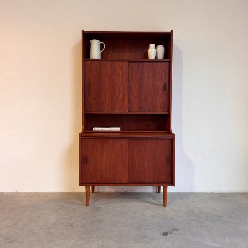 Vintage hoog secretaire met schuifdeuren teak - LOUI.STORE