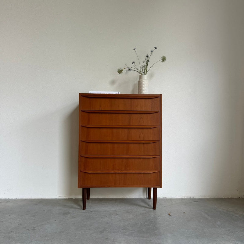 Vintage ladekast 6* teak lange greep - LOUI.STORE