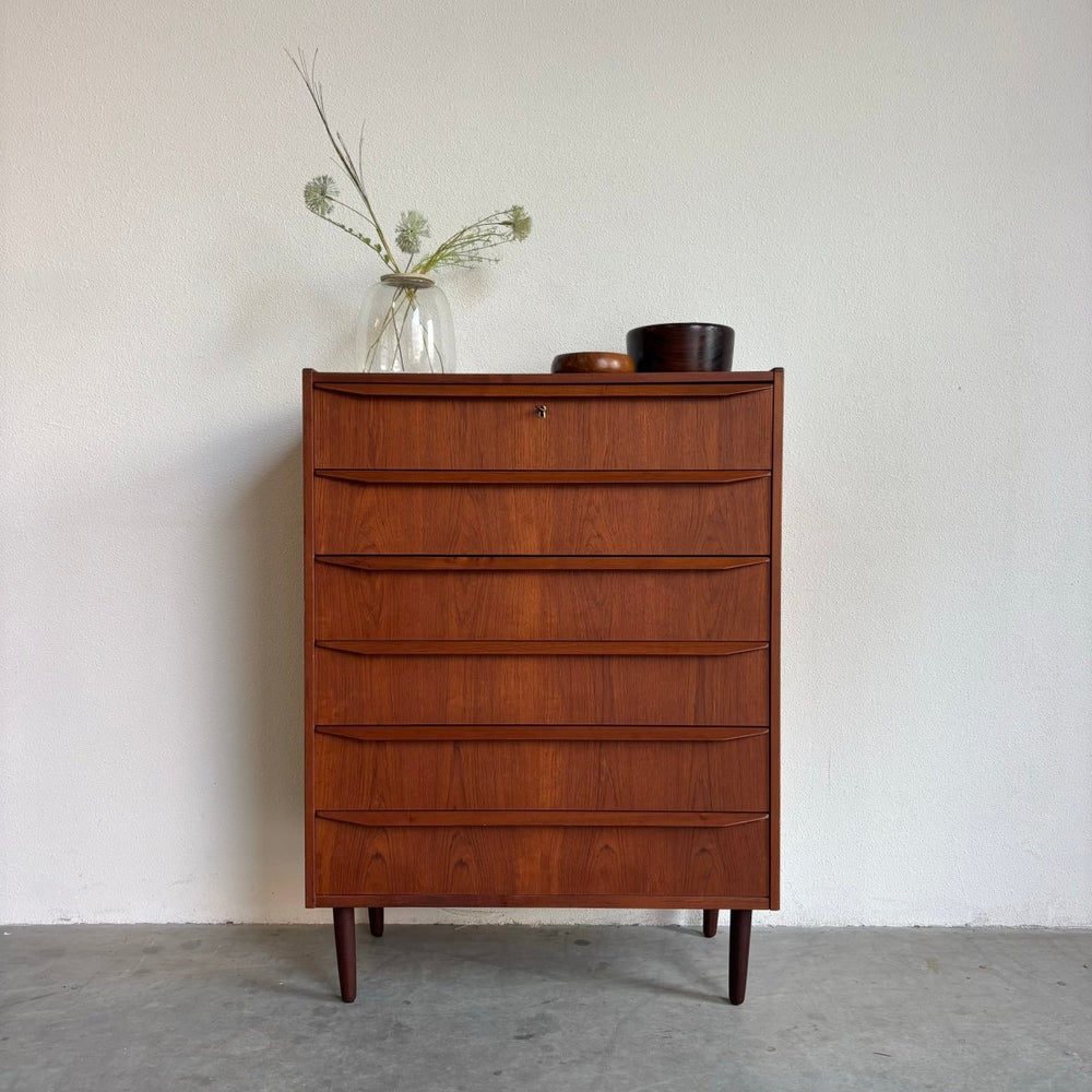 Vintage ladekast 6* teak lange greep - LOUI.STORE