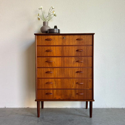 Vintage ladekast 6* teak maan greepjes - LOUI.STORE