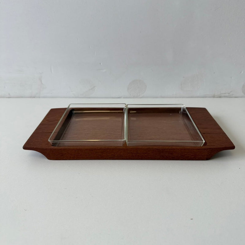 Vintage serveer schaaltje teak met 2 glazen bakjes - LOUI