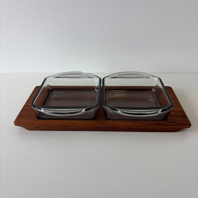 Vintage serveerschaaltje teak met 2 glazen bakjes - LOUI.STORE